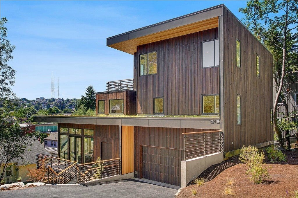 Modern house with vertical cedar lap siding