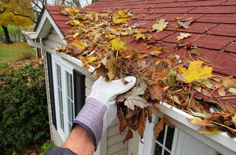 Clearing-gutters-of-leaves