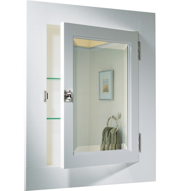 White wall insets behind a bathroom mirror.