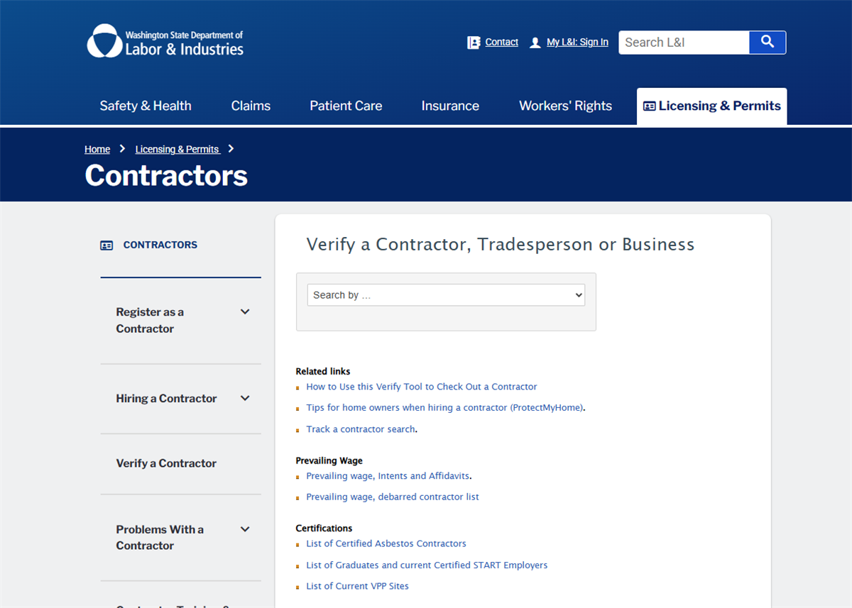 Washington State Department of Labor & Industries Contractor Verification Tool.