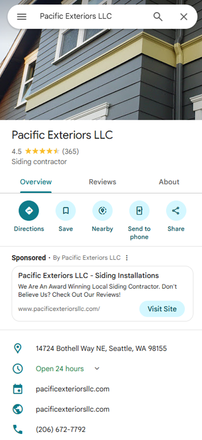 Screenshot of Google Maps page for Pacific Exteriors.